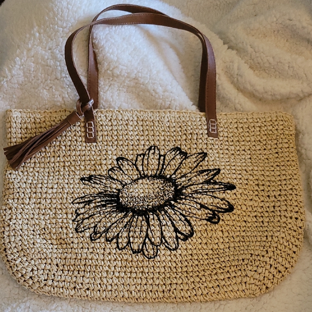 Handcrafted Creamy Beige Rafia Tote Bag with Black Floral Sunflower Design